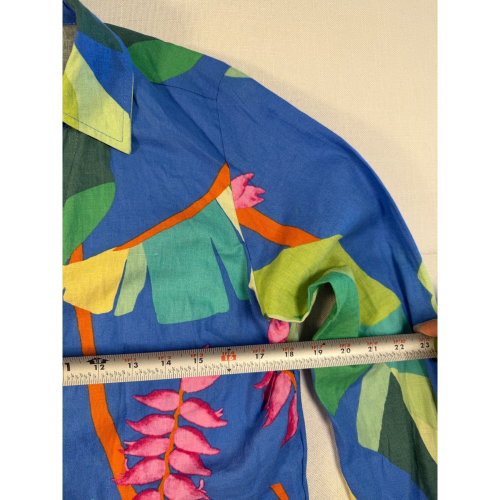 Christian Siriano New York Blue Tropical Floral Tie Front Cropped Linen Top M - Picture 7 of 8